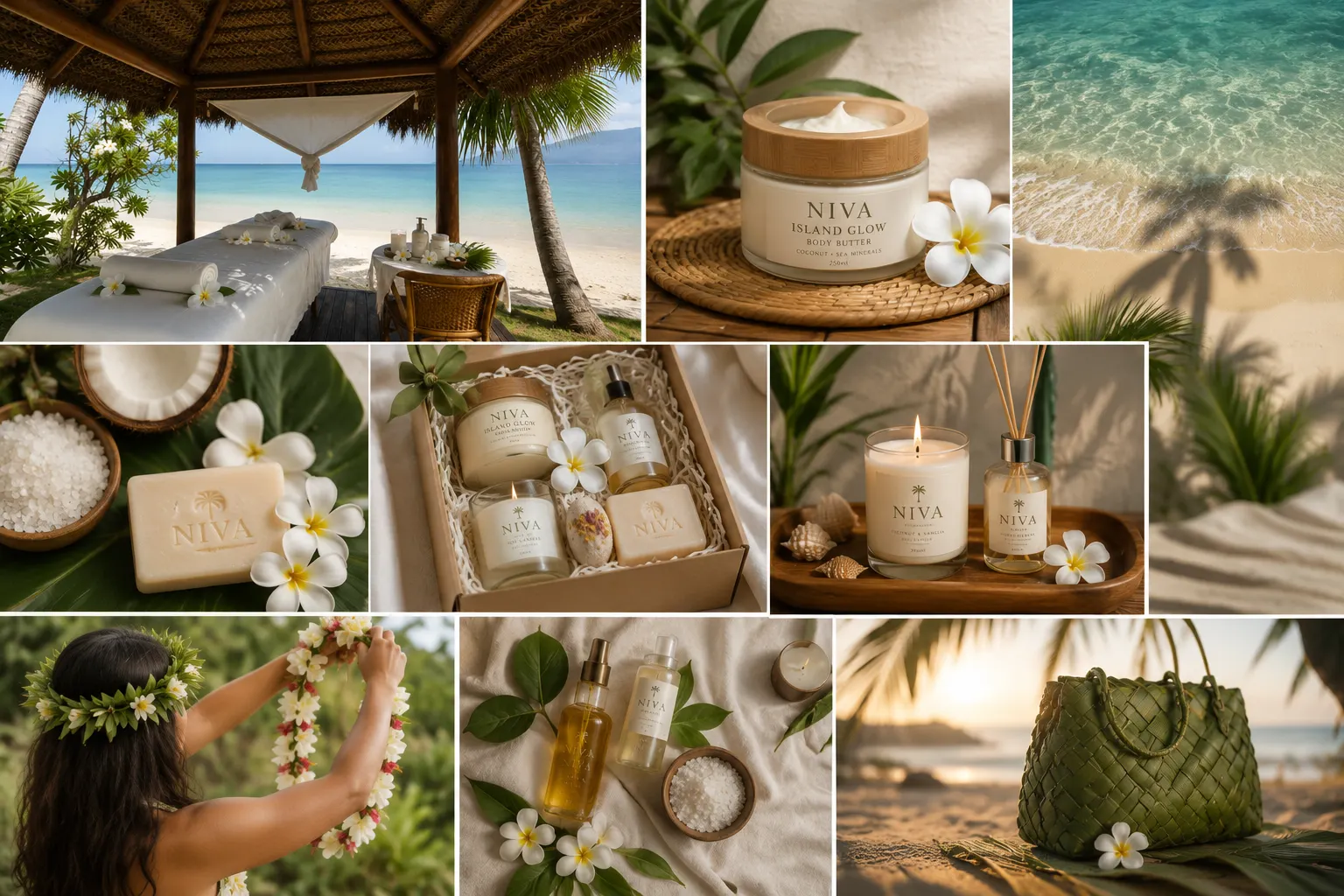 Niva island wellness products styled across beach, spa, and gifting moments