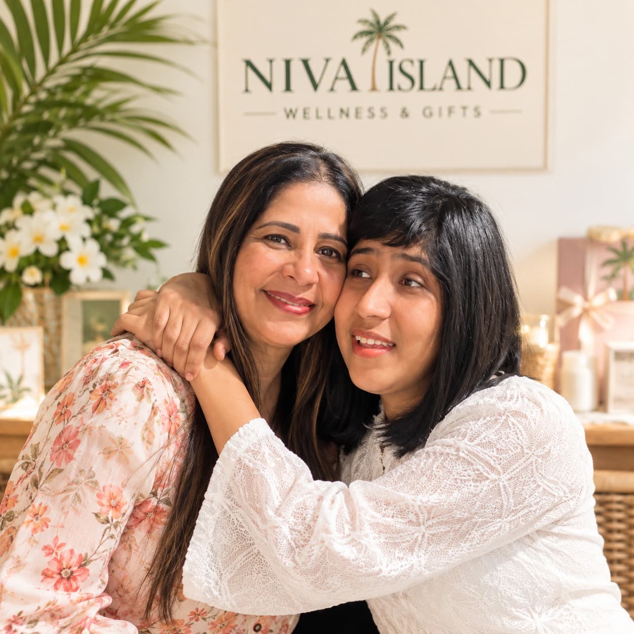 The mother and daughter behind Niva, beneath their illuminated NIVA sign